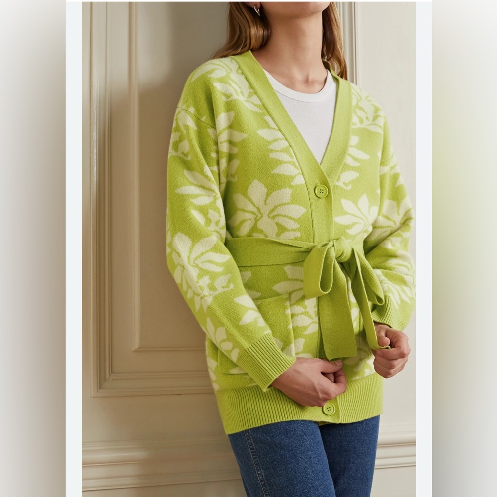 RHODE Cheri Belted Wool-Jacquard Green White Cardigan Chartreuse Sweater Large